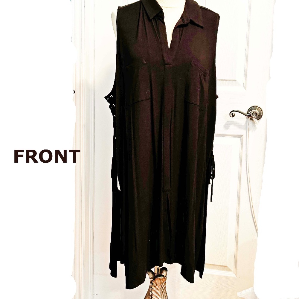 LACE UP KNIT TUNIC, BLACK, SIZE 4X, SIDE LACES & GROMMETS, SOLID FRONT WITH SPLI